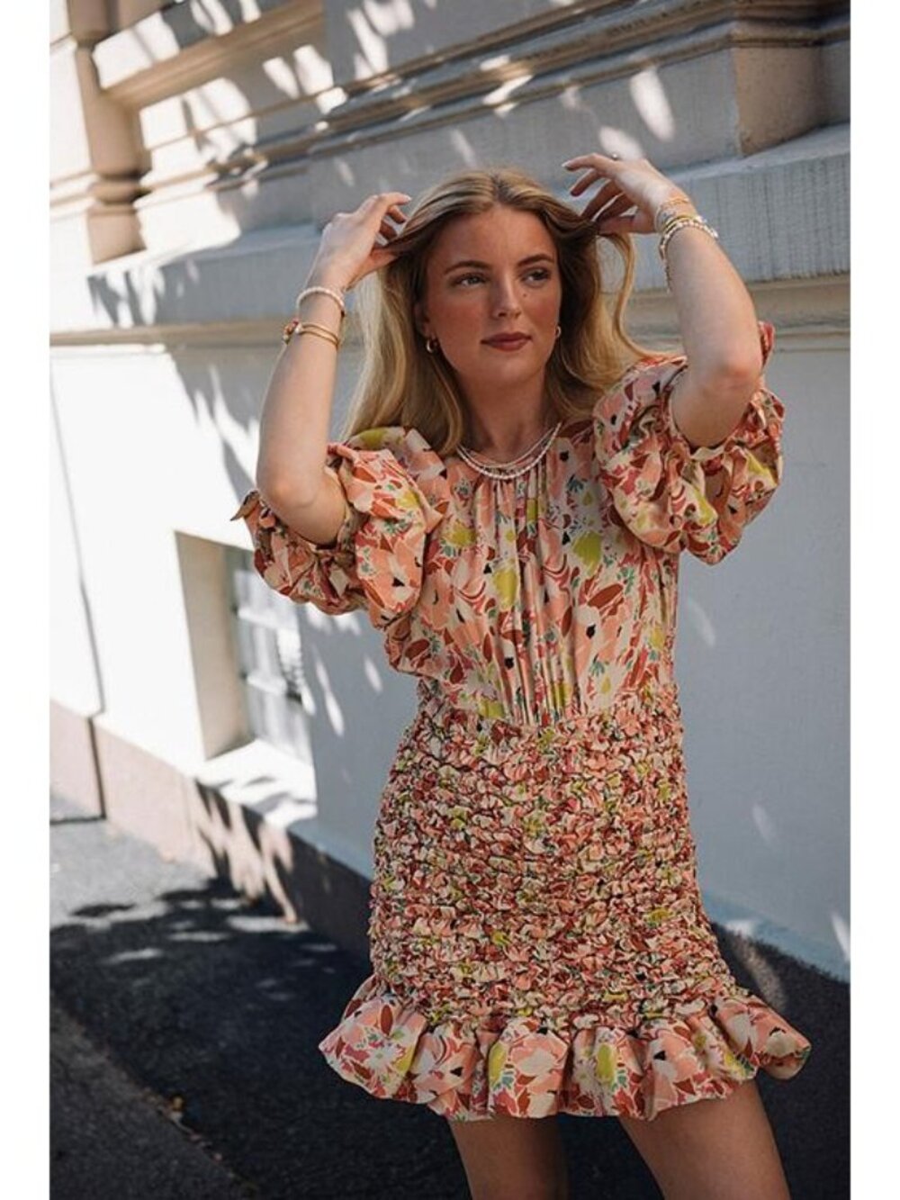 🆕 By TiMo Shirred Smocked Ruffle Crepe Satin Mini Dress Floral Medium - Picture 2 of 16